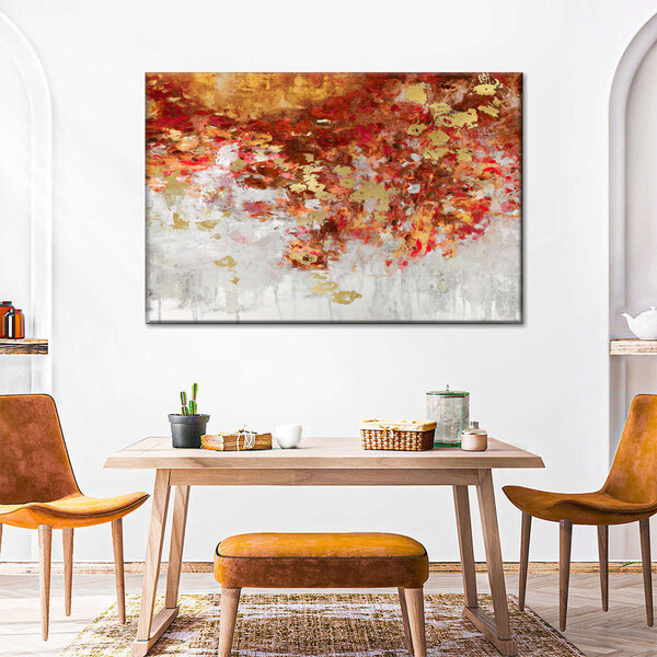 An Elephant Stock canvas wall art painting with red and gold accents hanging on a wall.