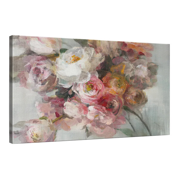 A painting of pink flowers on canvas.