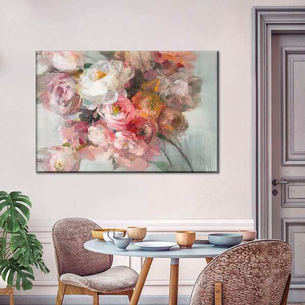 A 48" x 32" canvas wall art of a blush bouquet of flowers on a white wall.
