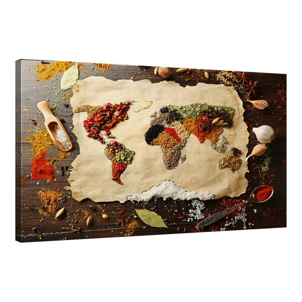 A 51" x 34" canvas wall art of a world map with spices on a wooden surface.
