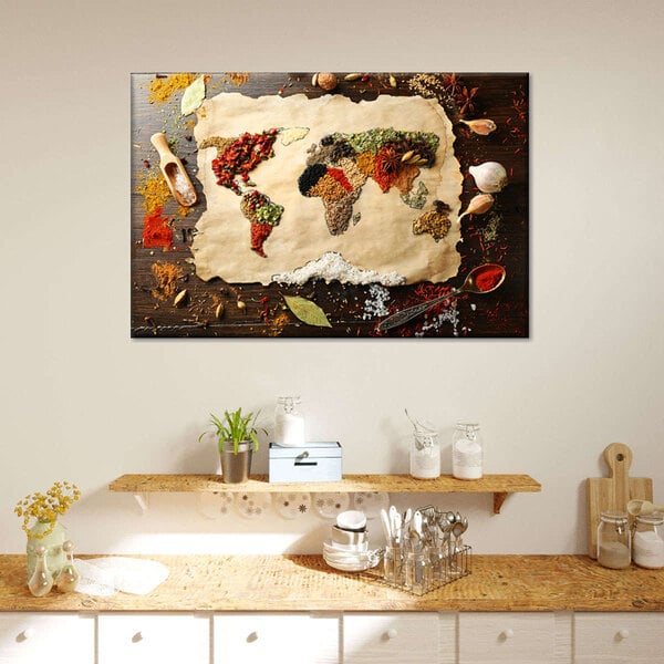 Elephant Stock 51" x 34" World Spices Canvas Wall Art on a wall above a kitchen counter with spices.