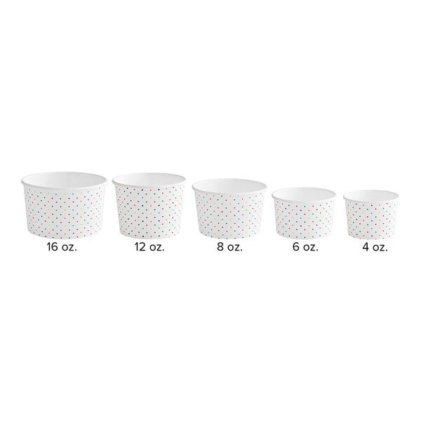 A row of white Choice paper cups with colorful polka dots.