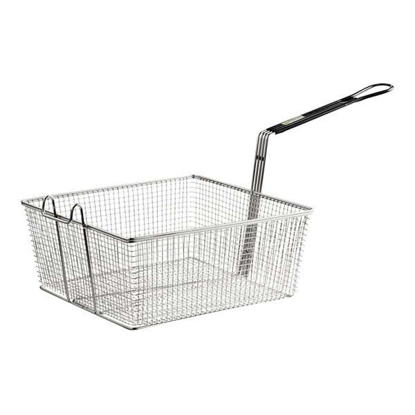 A Giles stainless steel fryer basket with a handle.