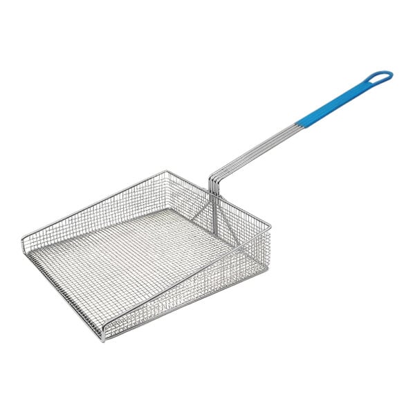 A metal scoop basket with a blue handle.