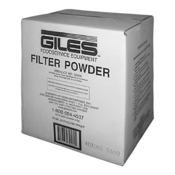 A white box of Giles fryer filter powder packets with black text.