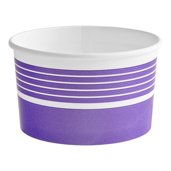 A purple and white paper Choice food container.