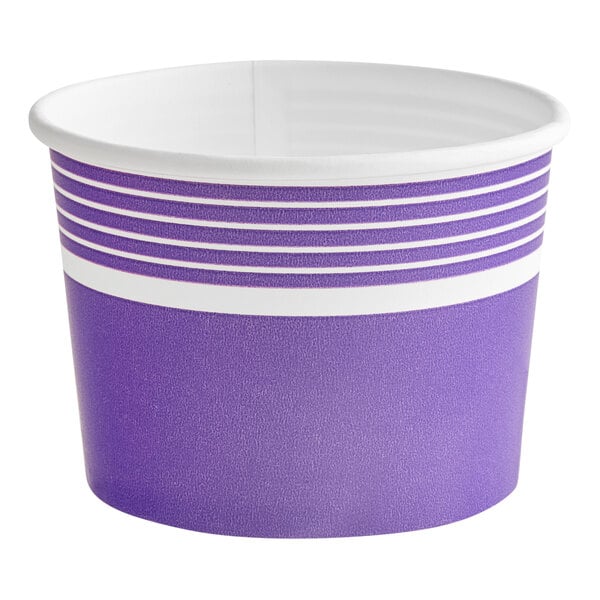 A purple paper frozen yogurt cup with white stripes.