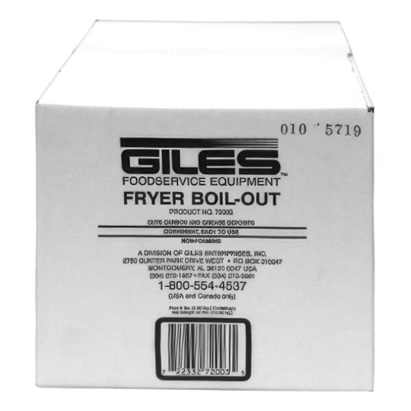 A white box of Giles Fryer Boil-Out packets with black text.