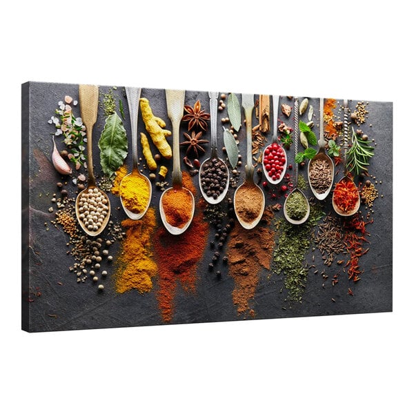 A canvas print of spoons with spices and herbs.