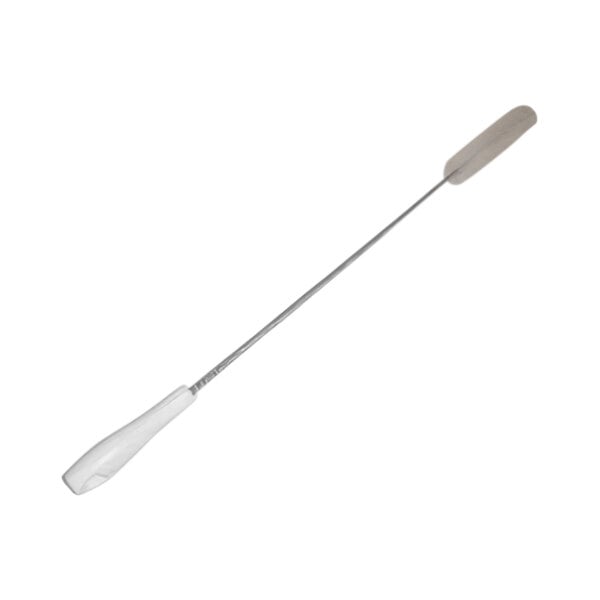 A long silver metal drain brush with a white handle.