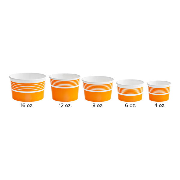 A stack of orange and white Choice paper cups with white stripes on a white background.
