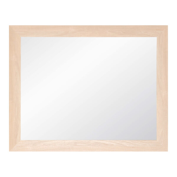 A BrandtWorks mirror with a natural wood frame.