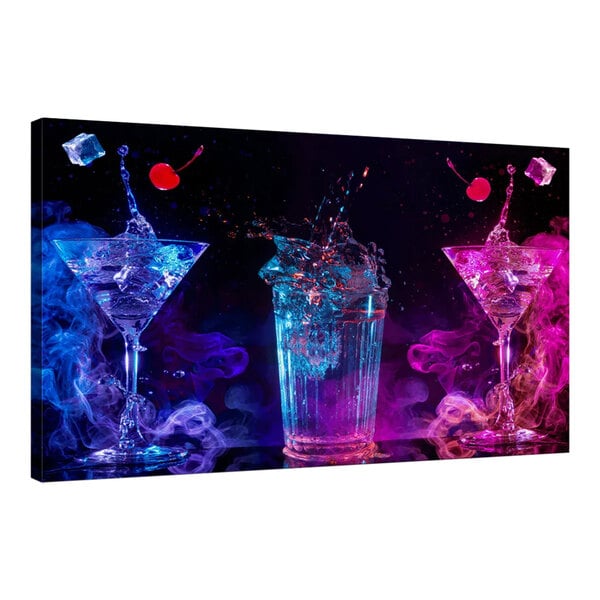 A white canvas with a group of elephant-themed cocktail glasses with blue liquid and ice cubes.