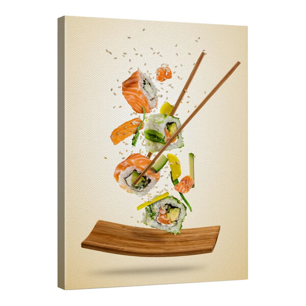 Salmon sushi rolls with chopsticks on a wooden plate.