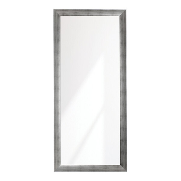 A rectangular mirror with a white frame and silver swirled border.