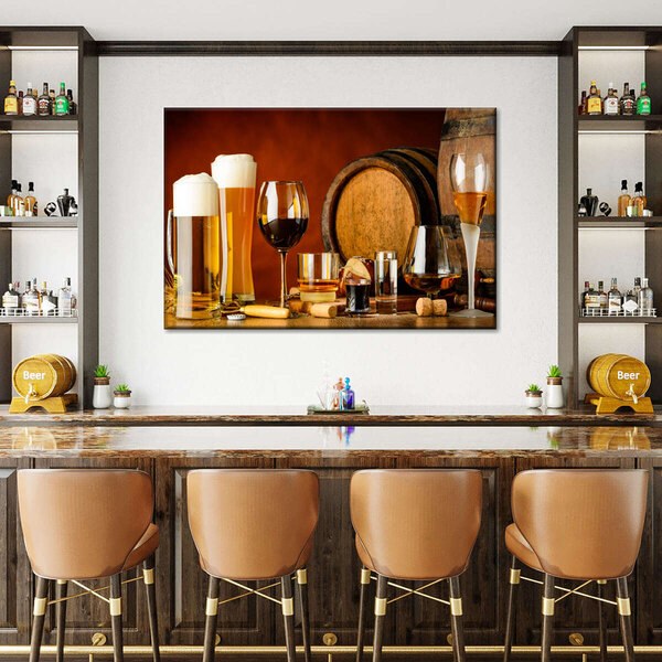 A wall canvas with wine and beer drinks on it.