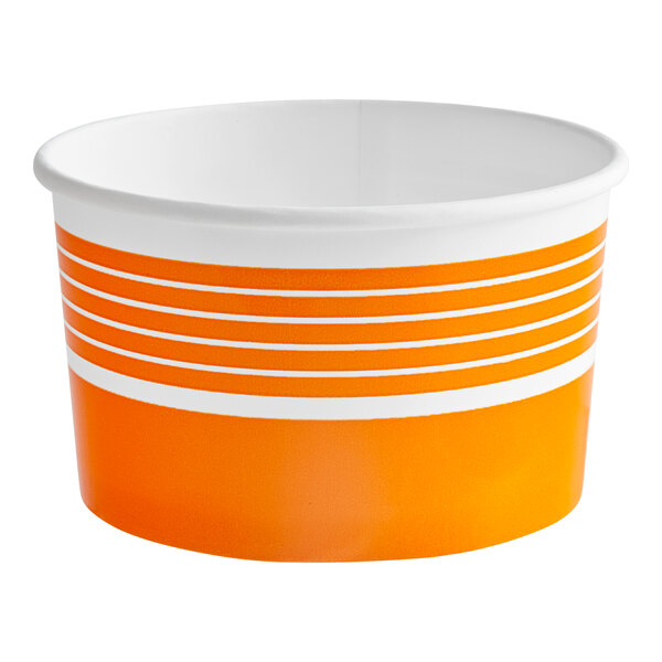 An orange and white paper food cup with stripes.