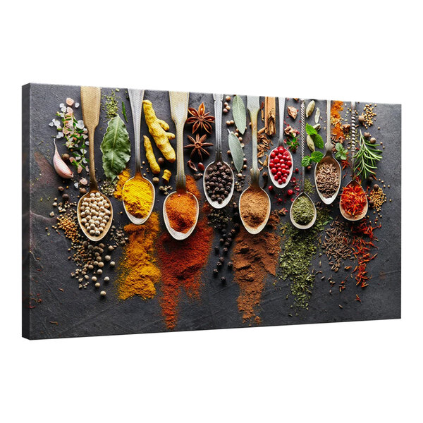 A canvas print of spoons with spices and herbs on a white background.