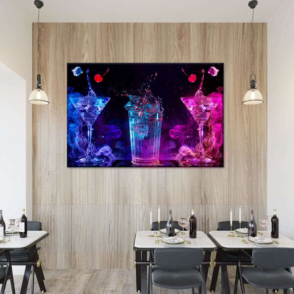 A 48" x 32" canvas wall art painting of two cocktails on a wall.