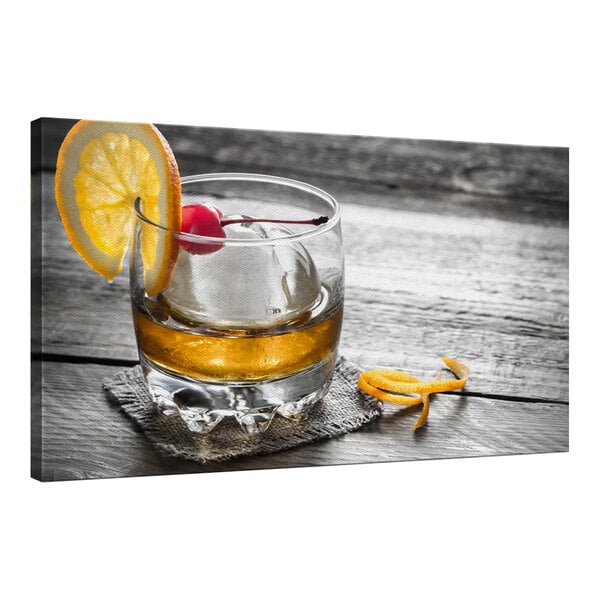 A canvas of a glass with a drink and a slice of lemon and a cherry.