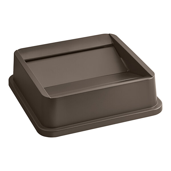 A brown square plastic lid for a Lavex 25 gallon trash can.