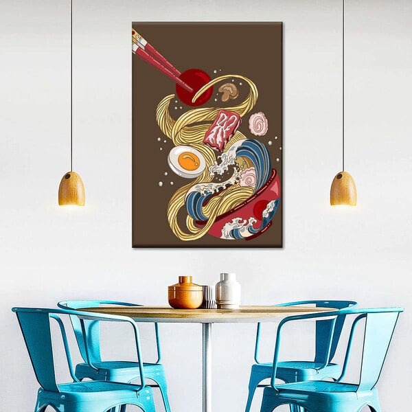 A 34" x 51" canvas wall art painting of Japanese wave ramen noodles and eggs on a wall.