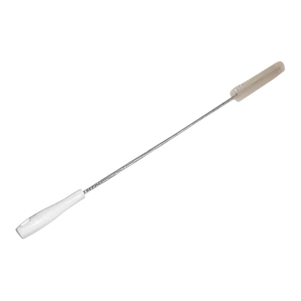 A long metal rod with a white handle.