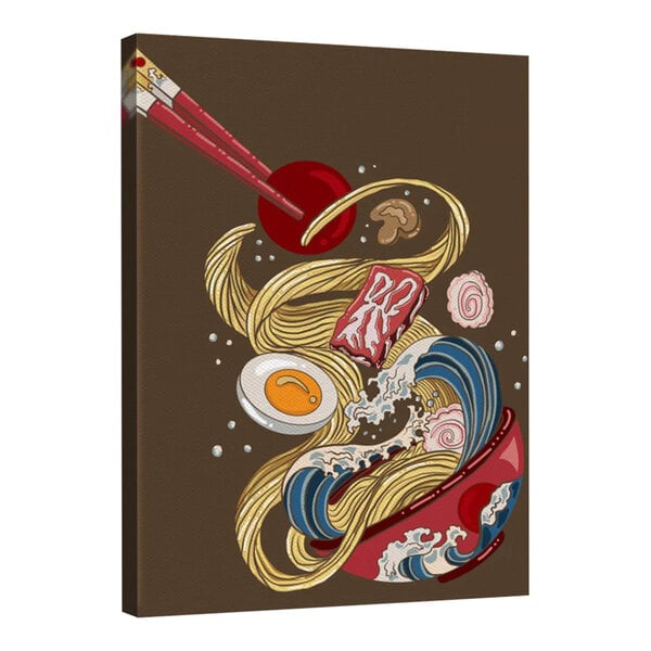 A painting of a bowl of ramen and chopsticks on a brown background.