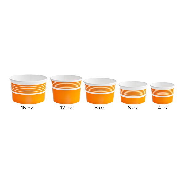 A row of Choice orange and white paper frozen yogurt cups.