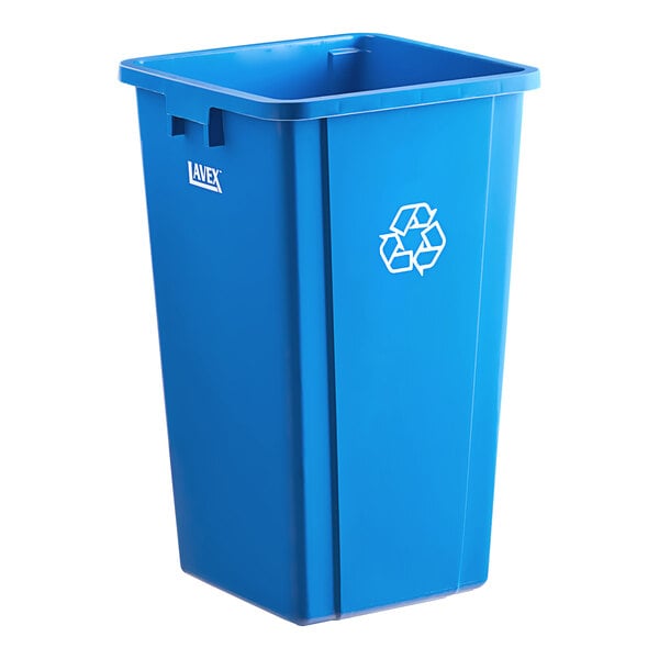 A blue Lavex 25 gallon square recycling bin with a recycle symbol on it.