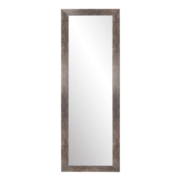 A long rectangular BrandtWorks mirror with a wooden frame with a distressed brown finish.
