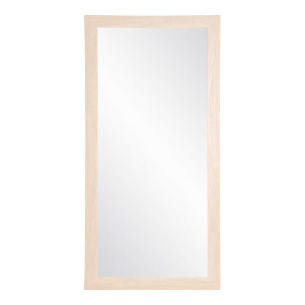 A rectangular mirror with a natural wood frame.