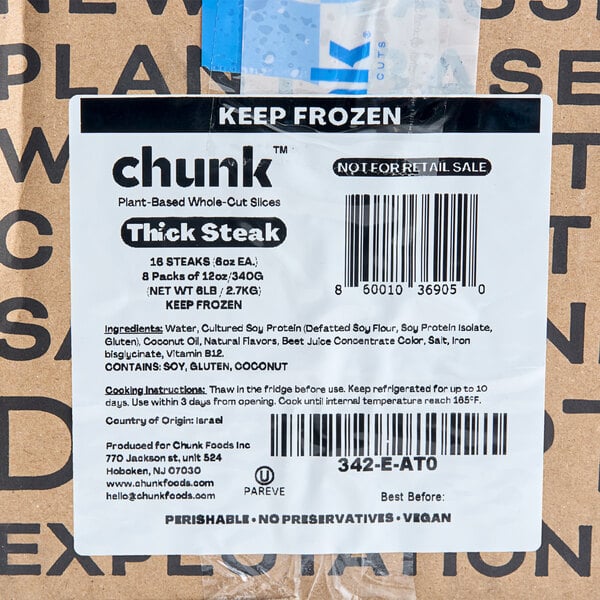 A package of Chunk Foods 6 oz. plant-based vegan steak labeled for food service use.
