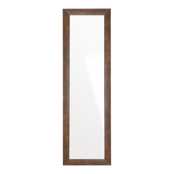 A rectangular mirror with a brown wooden frame.