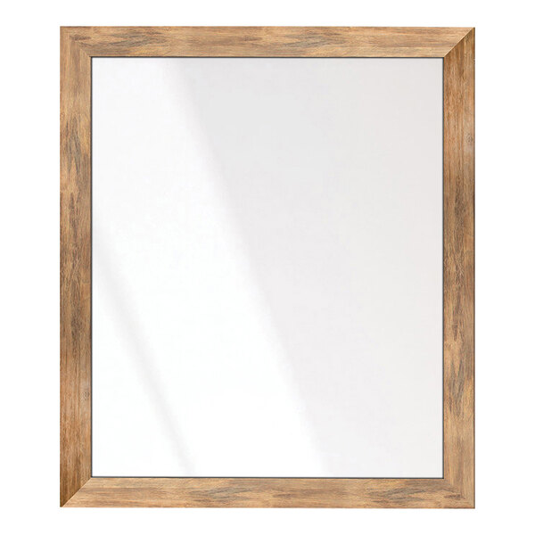 A rectangular mirror with a wooden frame on a wood surface.