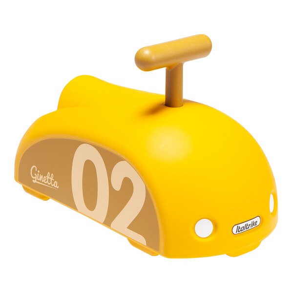 A yellow Italtrike Mini Eolo Ginetta ride-on toy car with a white number 2.