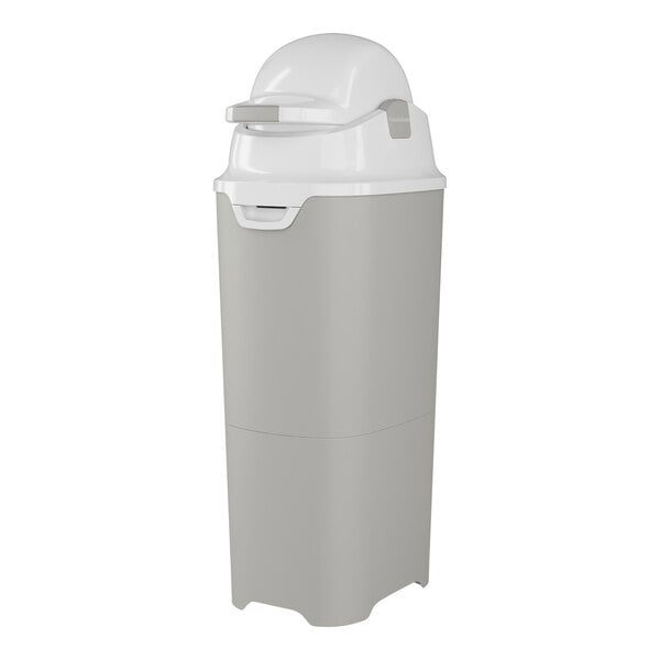 A white and grey plastic diaper pail with a white lid and handle.