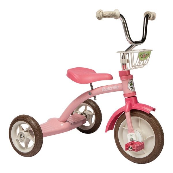 An Italtrike Super Lucy Rose Garden pink tricycle with a basket.