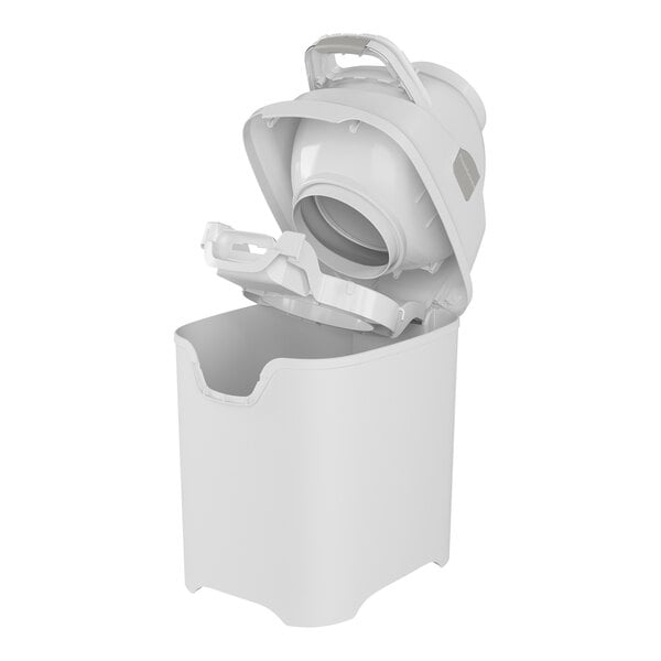 A white plastic container with a lid open.