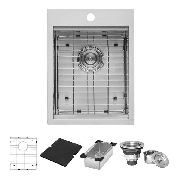 A close-up of a Ruvati stainless steel drop-in workstation sink with a drain and drain cover.