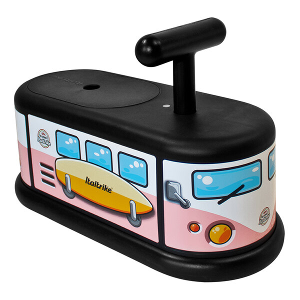 An Italtrike La Cosa California Dreams ride-on toy shaped like a black and pink bus with a handle.