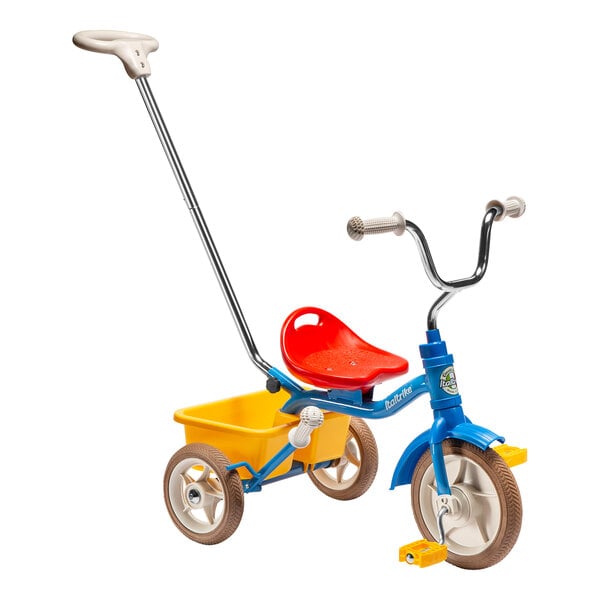 An Italtrike blue tricycle with a yellow seat and handlebars.