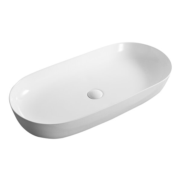 A white Ruvati oval above-counter vessel sink.