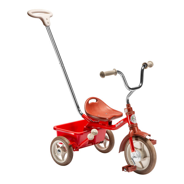 An Italtrike red passenger tricycle with a handle and a seat.