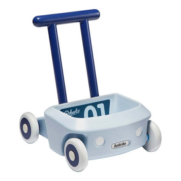 A blue and white Italtrike Mini Eolo Roberto baby push walker.