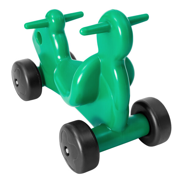A green plastic CarePlay squirrel ride-on toy with black wheels.