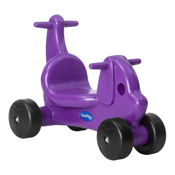 A purple and black CarePlay puppy ride-on toy.