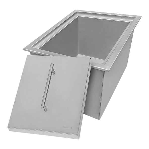 A silver rectangular Ruvati stainless steel ice chest with a long handle.