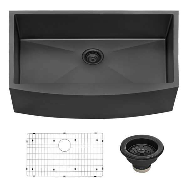 A close-up of a Ruvati black stainless steel farmhouse sink with a silver metal grid and strainer.