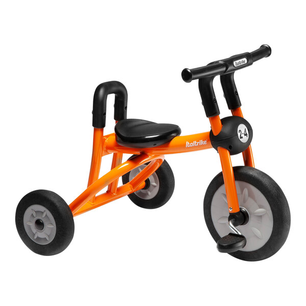An Italtrike Pilot orange tricycle with black wheels.
